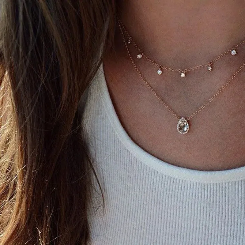 Bohemia Multilayer Round Crystal Pendant Necklaces For Women Snake Chain Choker Necklace Fashion Jewelry Party Gift