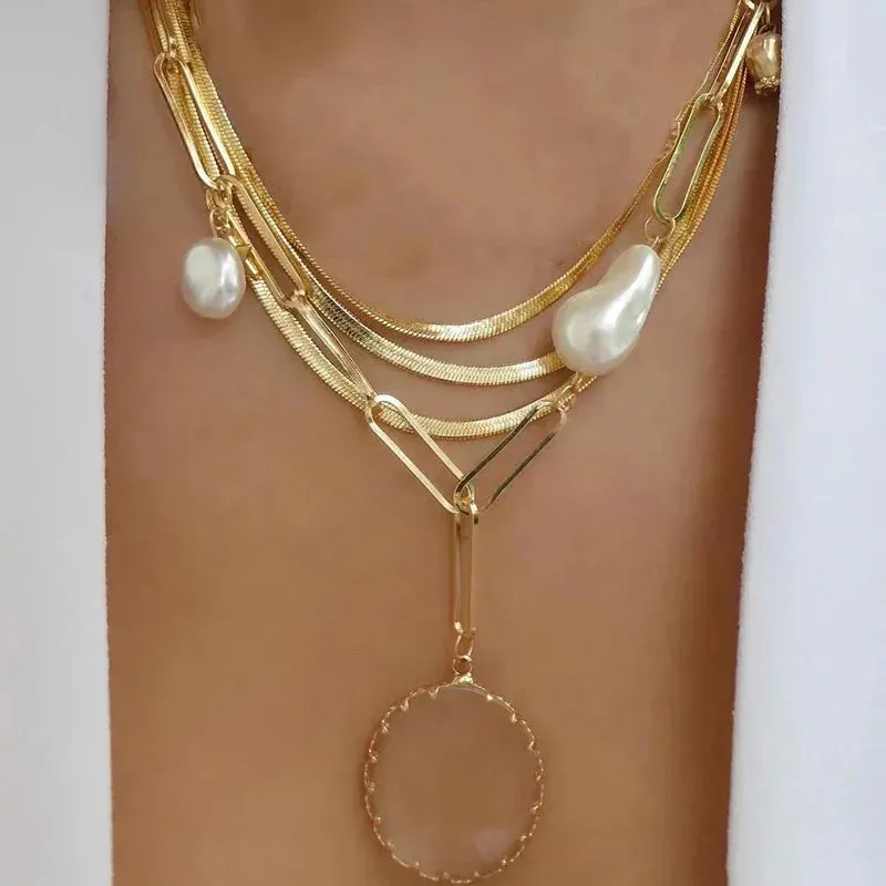 Bohemia Multilayer Round Crystal Pendant Necklaces For Women Snake Chain Choker Necklace Fashion Jewelry Party Gift