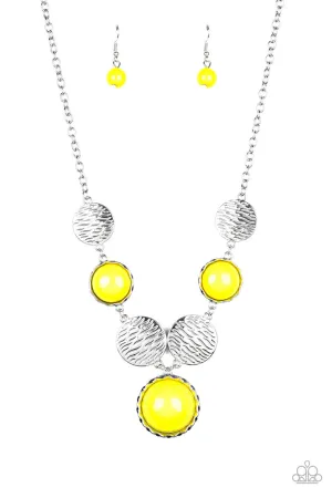 Bohemian Bombshell - Yellow - Bead and Wavy Silver Disc Paparazzi Short Necklace
