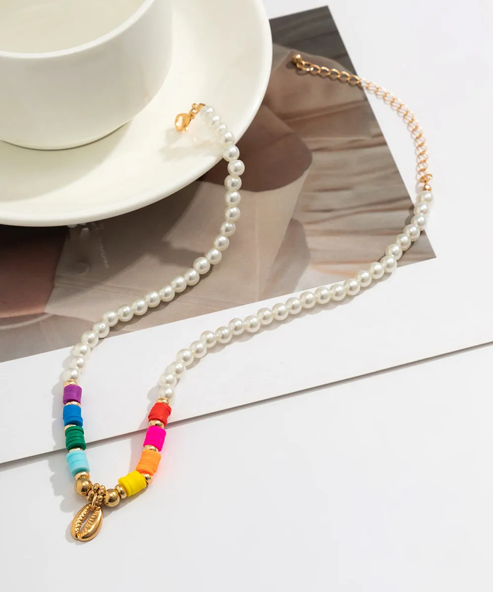 Boho White Alloy Pearl Beading Shell Gratuated Bead Necklace