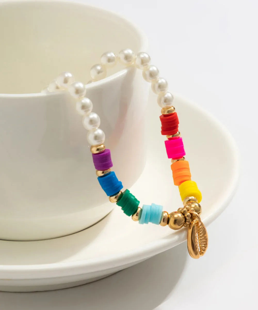 Boho White Alloy Pearl Beading Shell Gratuated Bead Necklace