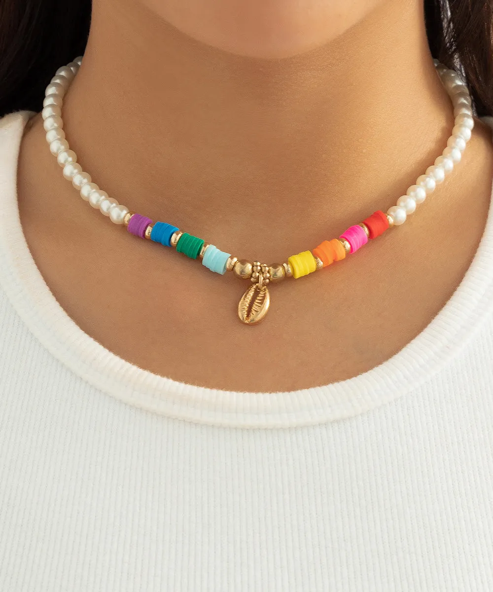 Boho White Alloy Pearl Beading Shell Gratuated Bead Necklace