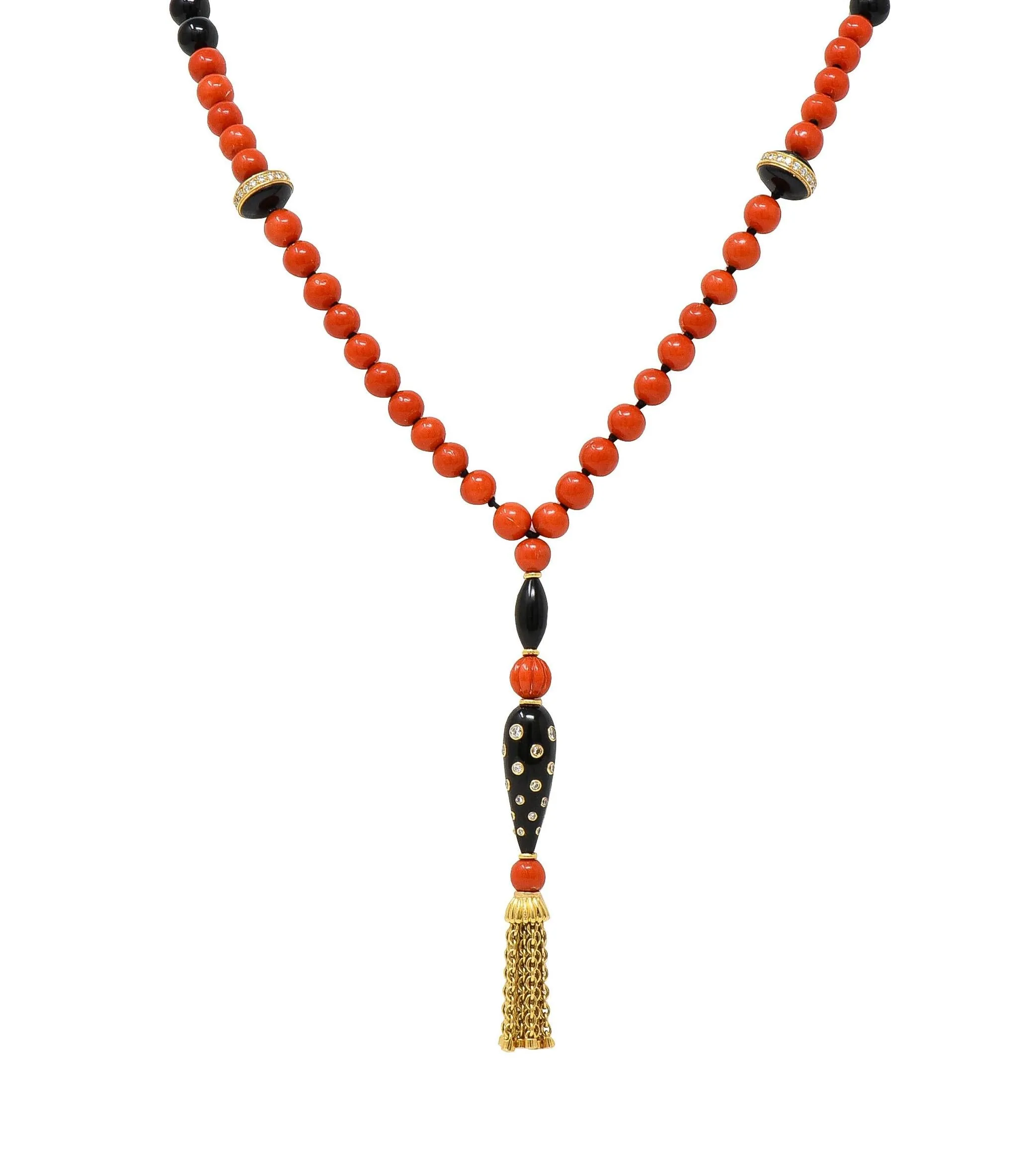 Boucheron 1970's Diamond Onyx 18 Karat Yellow Gold Vintage Beaded Tassel Sautoir Necklace