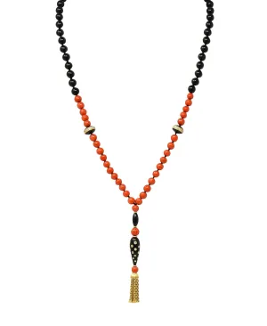 Boucheron 1970's Diamond Onyx 18 Karat Yellow Gold Vintage Beaded Tassel Sautoir Necklace