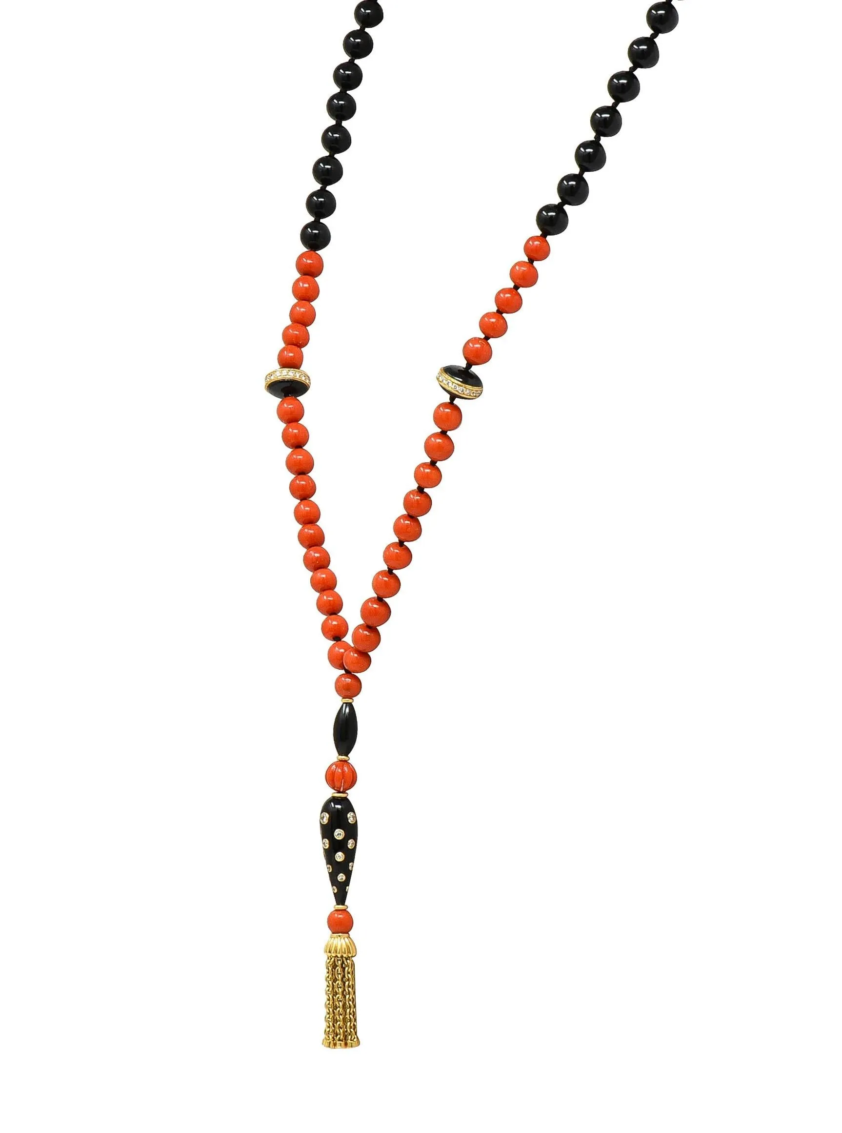 Boucheron 1970's Diamond Onyx 18 Karat Yellow Gold Vintage Beaded Tassel Sautoir Necklace