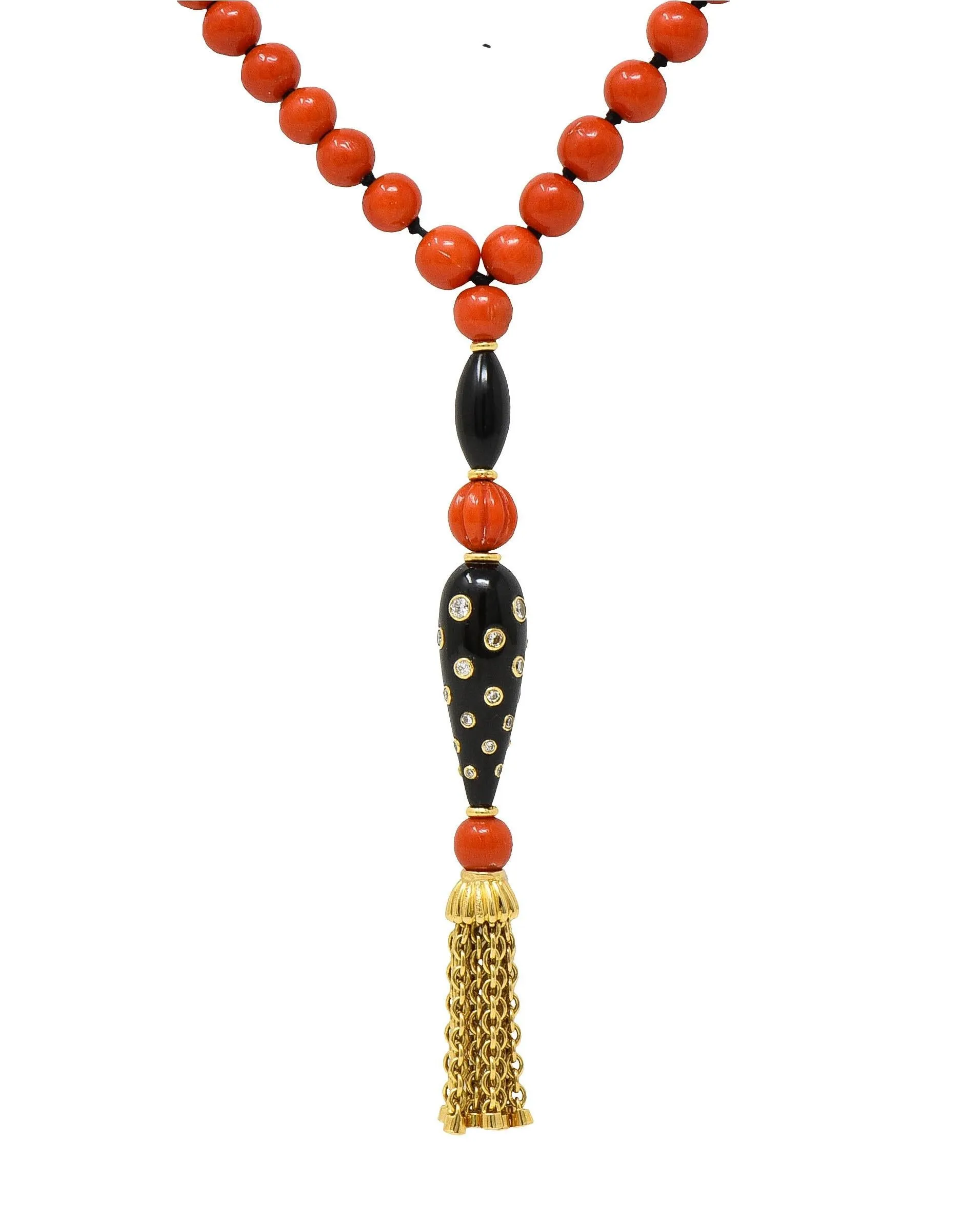 Boucheron 1970's Diamond Onyx 18 Karat Yellow Gold Vintage Beaded Tassel Sautoir Necklace