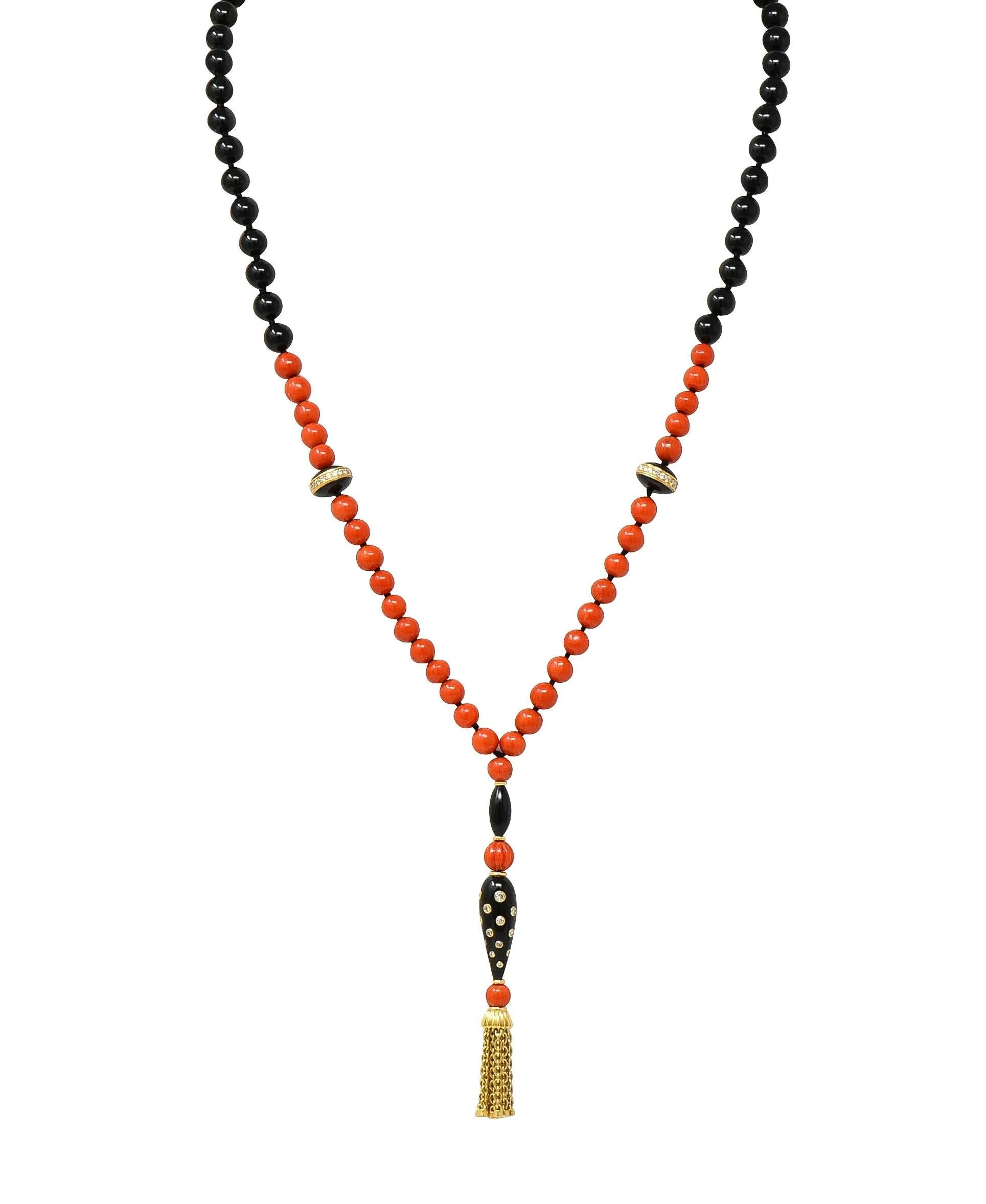 Boucheron 1970's Diamond Onyx 18 Karat Yellow Gold Vintage Beaded Tassel Sautoir Necklace