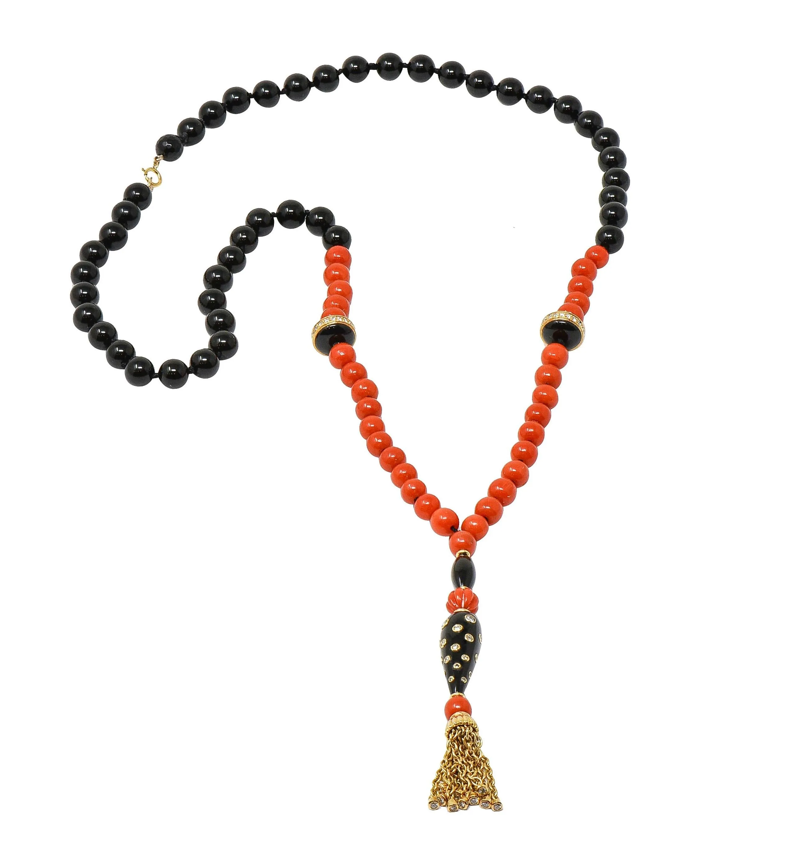 Boucheron 1970's Diamond Onyx 18 Karat Yellow Gold Vintage Beaded Tassel Sautoir Necklace