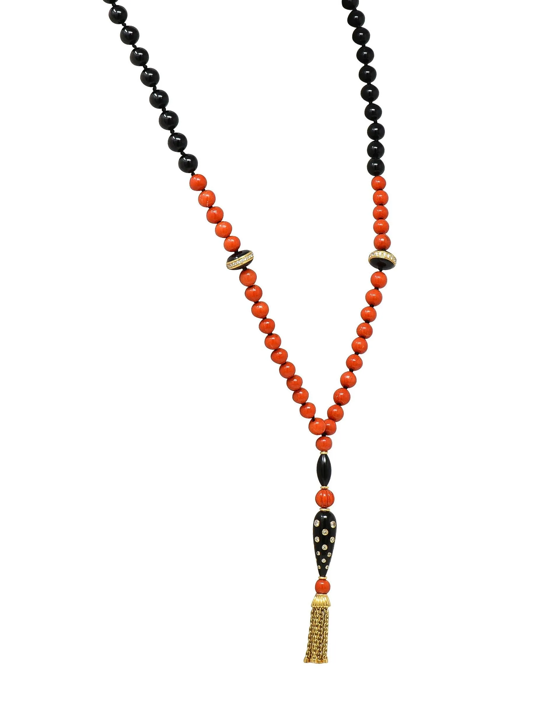 Boucheron 1970's Diamond Onyx 18 Karat Yellow Gold Vintage Beaded Tassel Sautoir Necklace