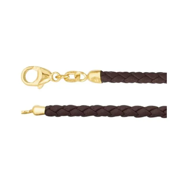 Brown 3 mm Braided Leather 16" Cord with 14K Yellow Gold Lobster Clasp