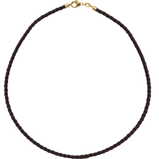 Brown 3 mm Braided Leather 16" Cord with 14K Yellow Gold Lobster Clasp