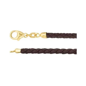 Brown 3 mm Braided Leather Cord with 14K Yellow Lobster Clasp