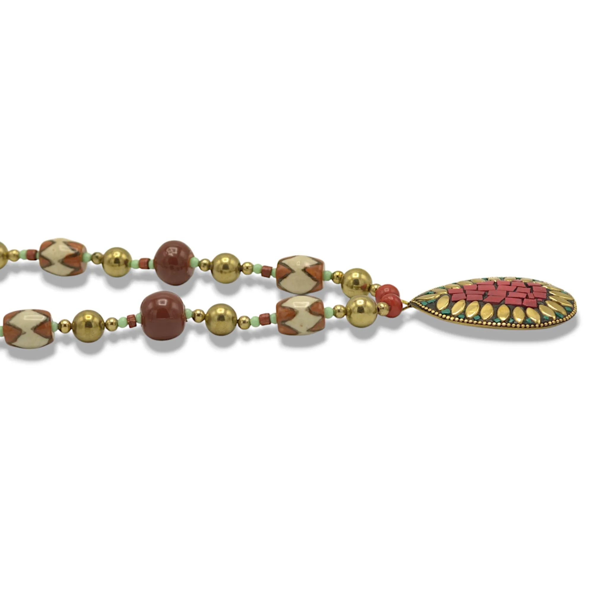 Brown Turquoise And Gold Beads Teardrop Coral And Gold Pendant Necklace#FWNK-2209-42
