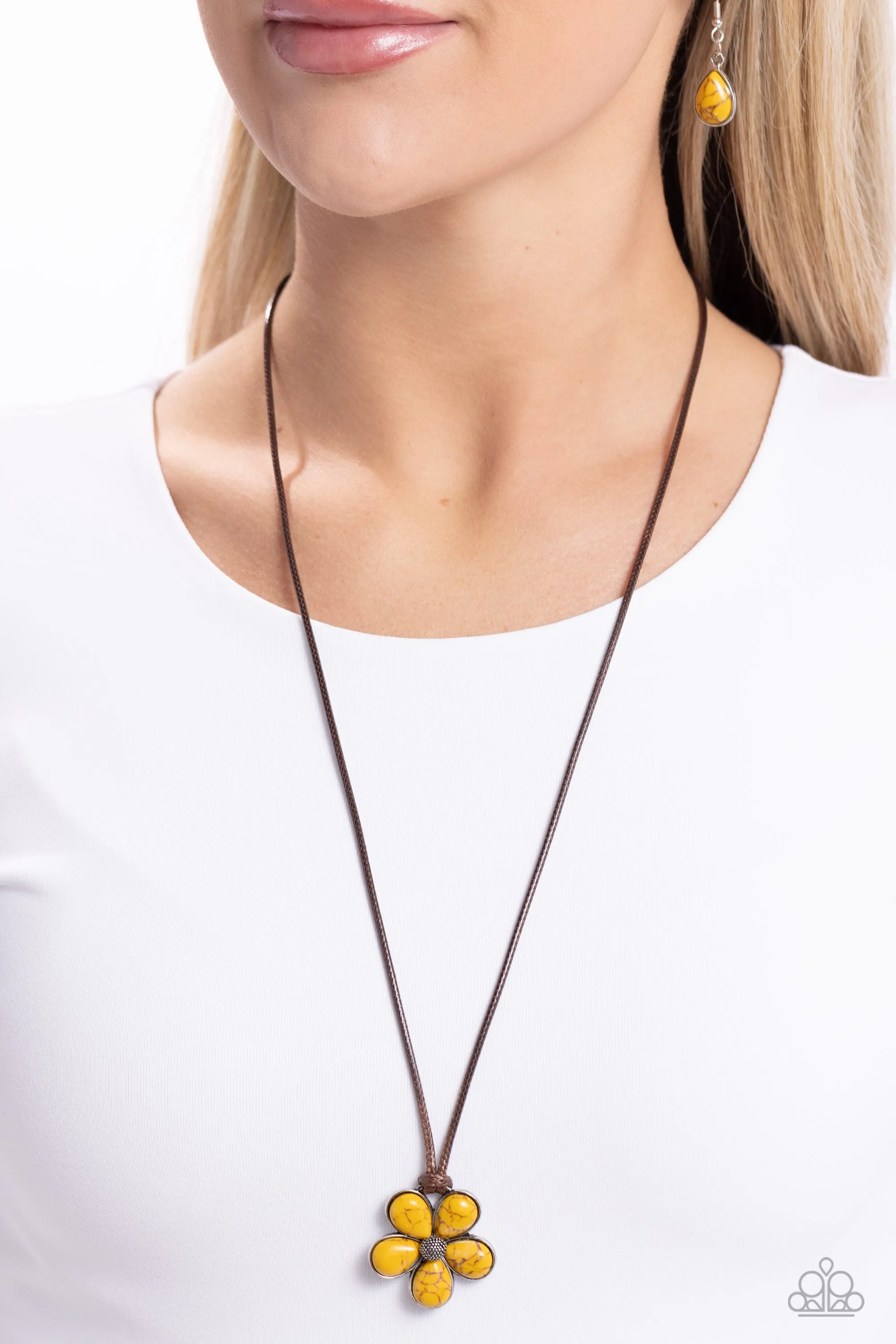 Budding Badlands - Yellow - Stone Flower Brown Cord Paparazzi Long Necklace