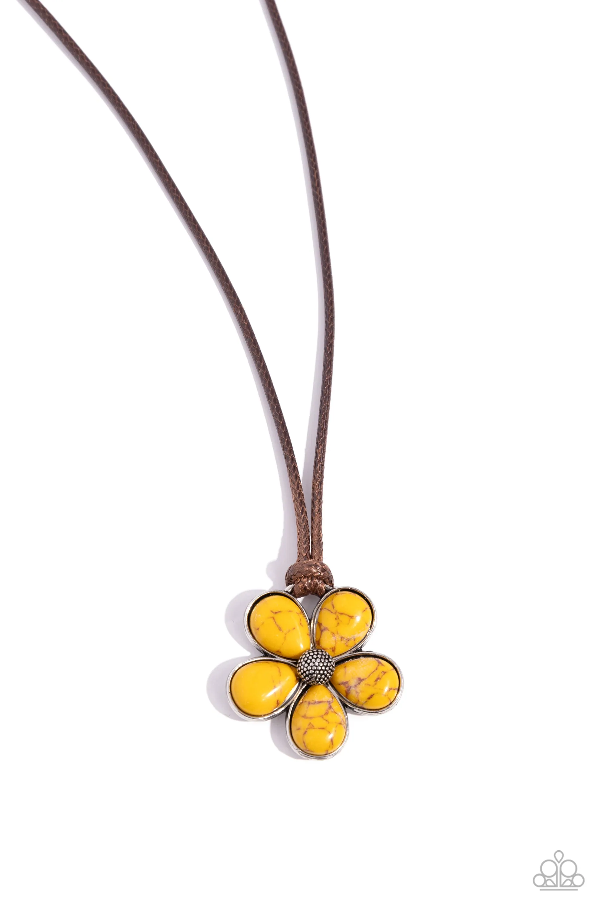 Budding Badlands - Yellow - Stone Flower Brown Cord Paparazzi Long Necklace