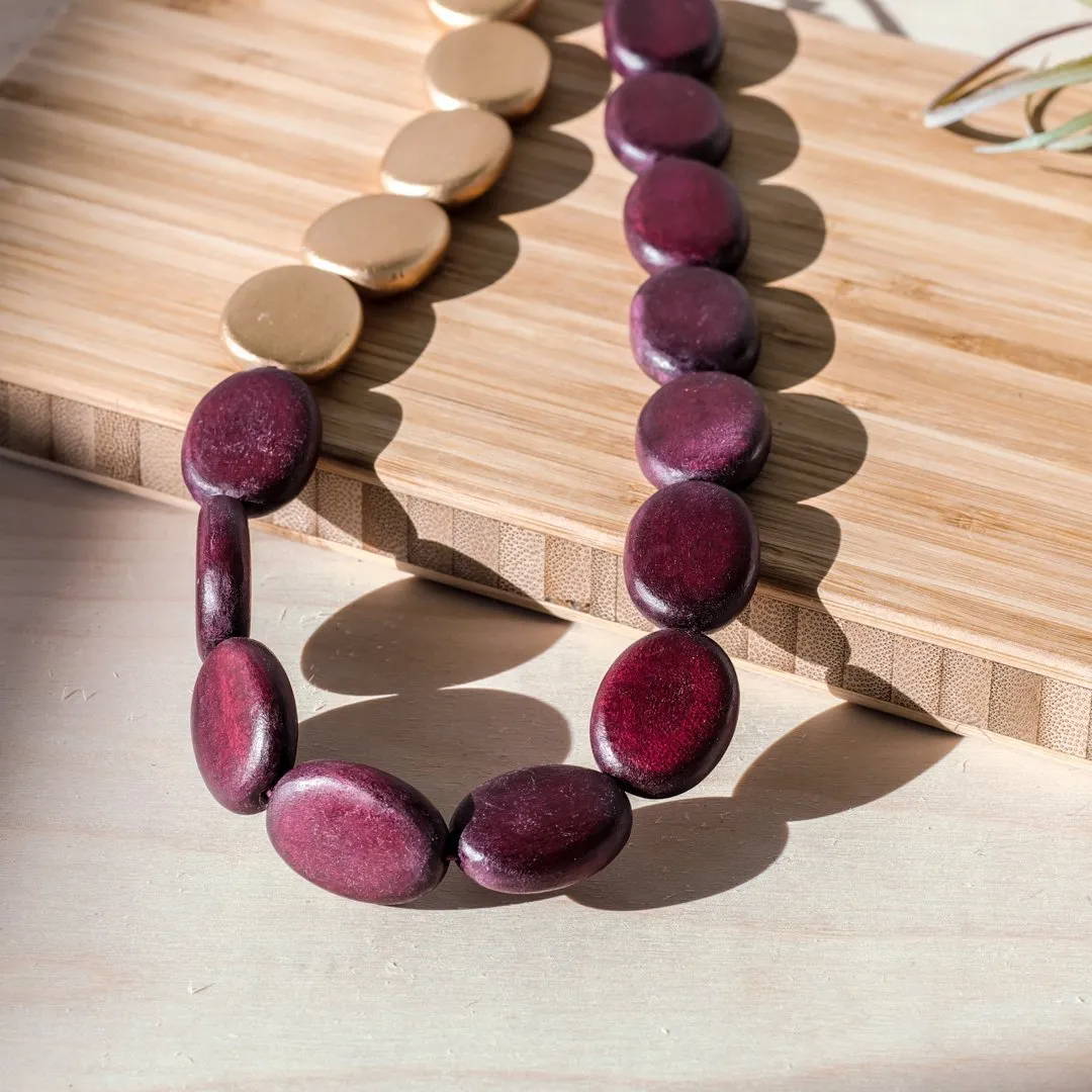 Burgundy and Gold Necklace - Guija Wooden Necklaces