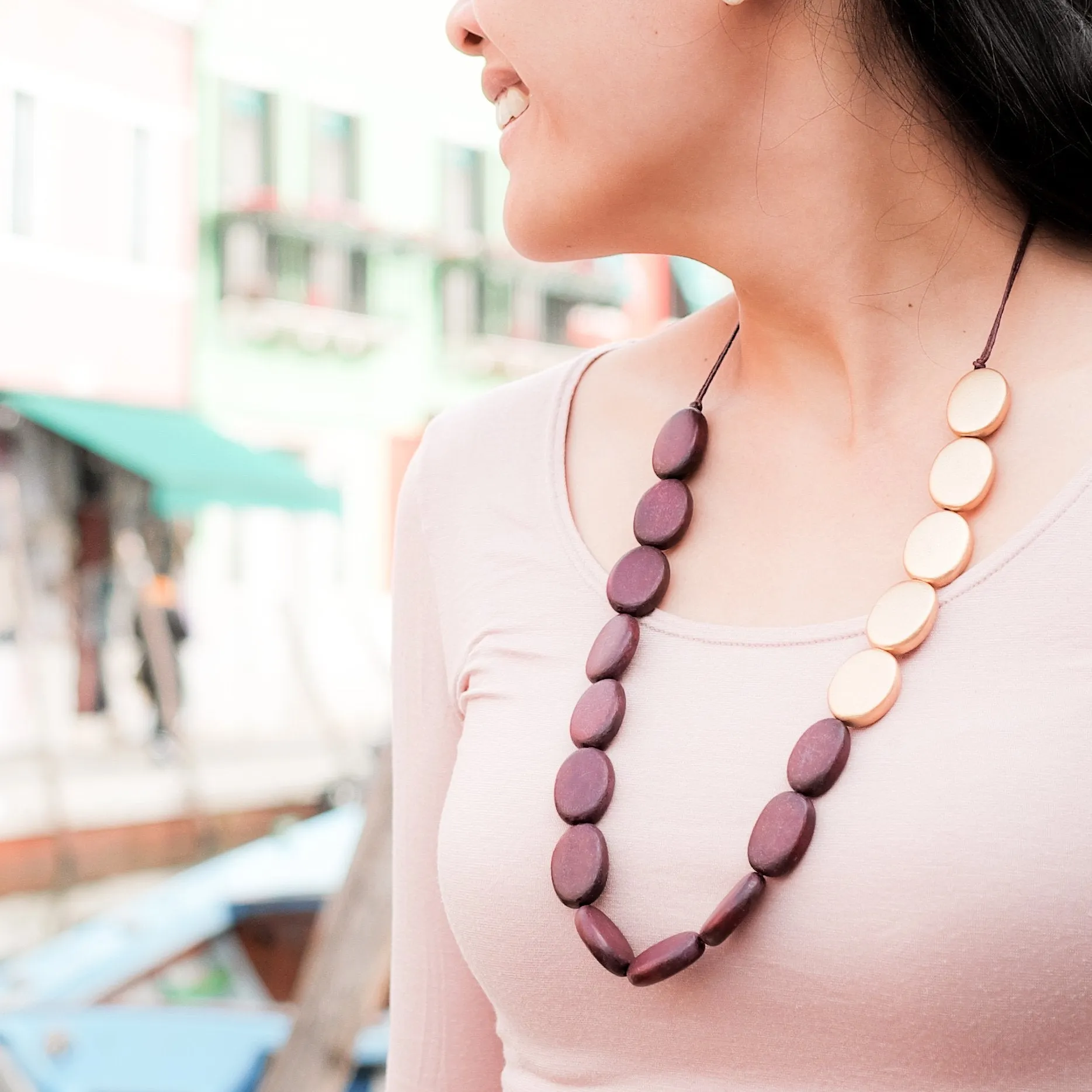 Burgundy and Gold Necklace - Guija Wooden Necklaces