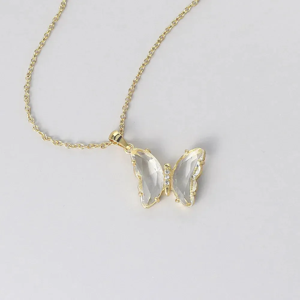 Butterfly Necklace For Women Aesthetic Pink Purple Crystal Pendant Choker Chain
