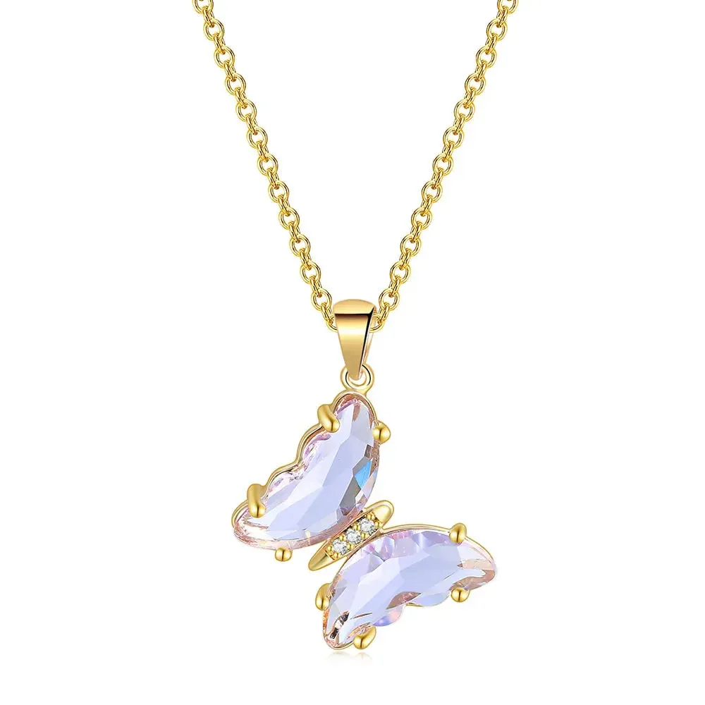 Butterfly Necklace For Women Aesthetic Pink Purple Crystal Pendant Choker Chain