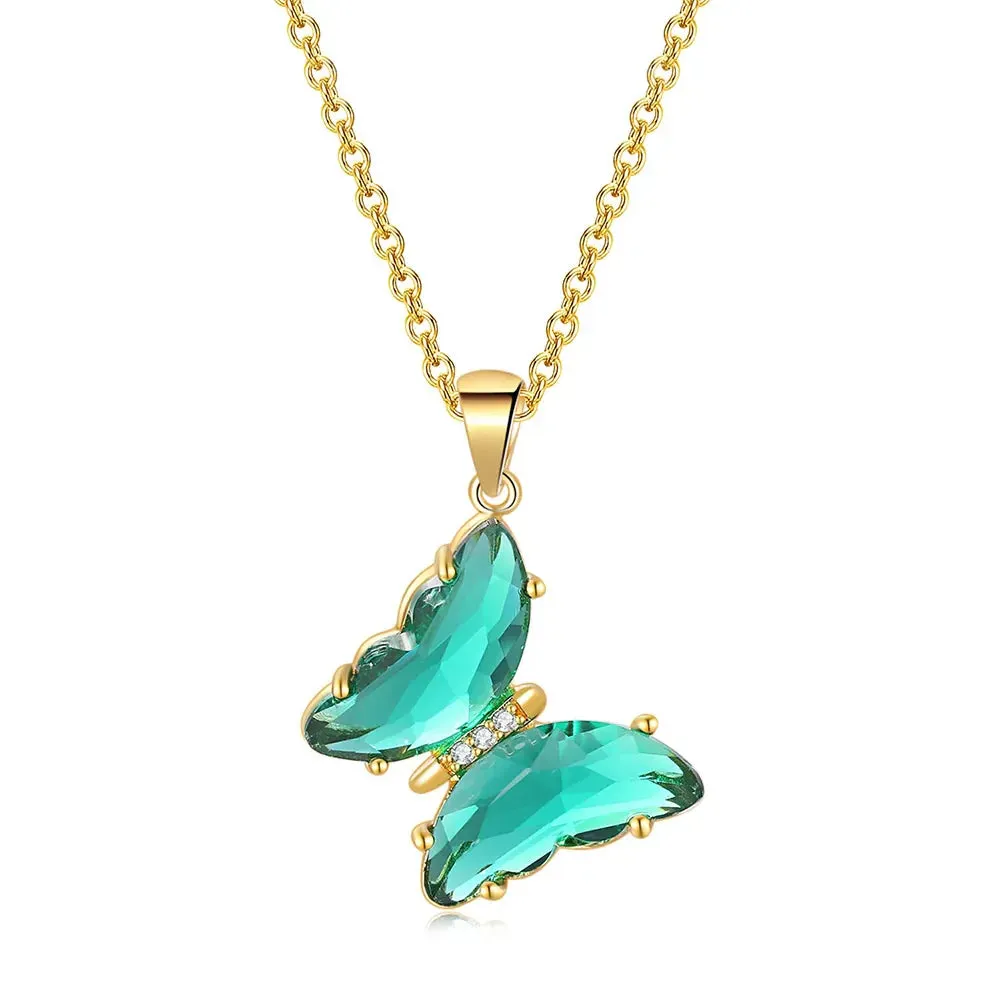 Butterfly Necklace For Women Aesthetic Pink Purple Crystal Pendant Choker Chain