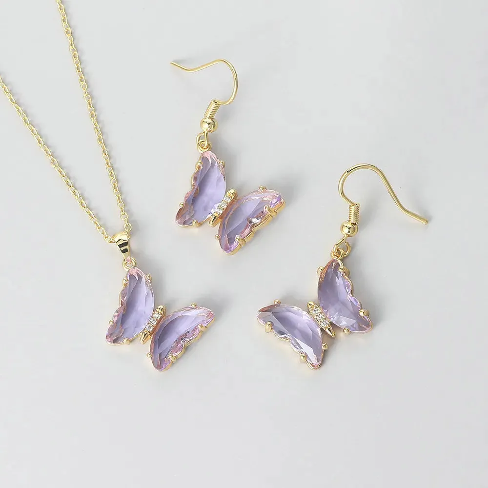 Butterfly Necklace For Women Aesthetic Pink Purple Crystal Pendant Choker Chain