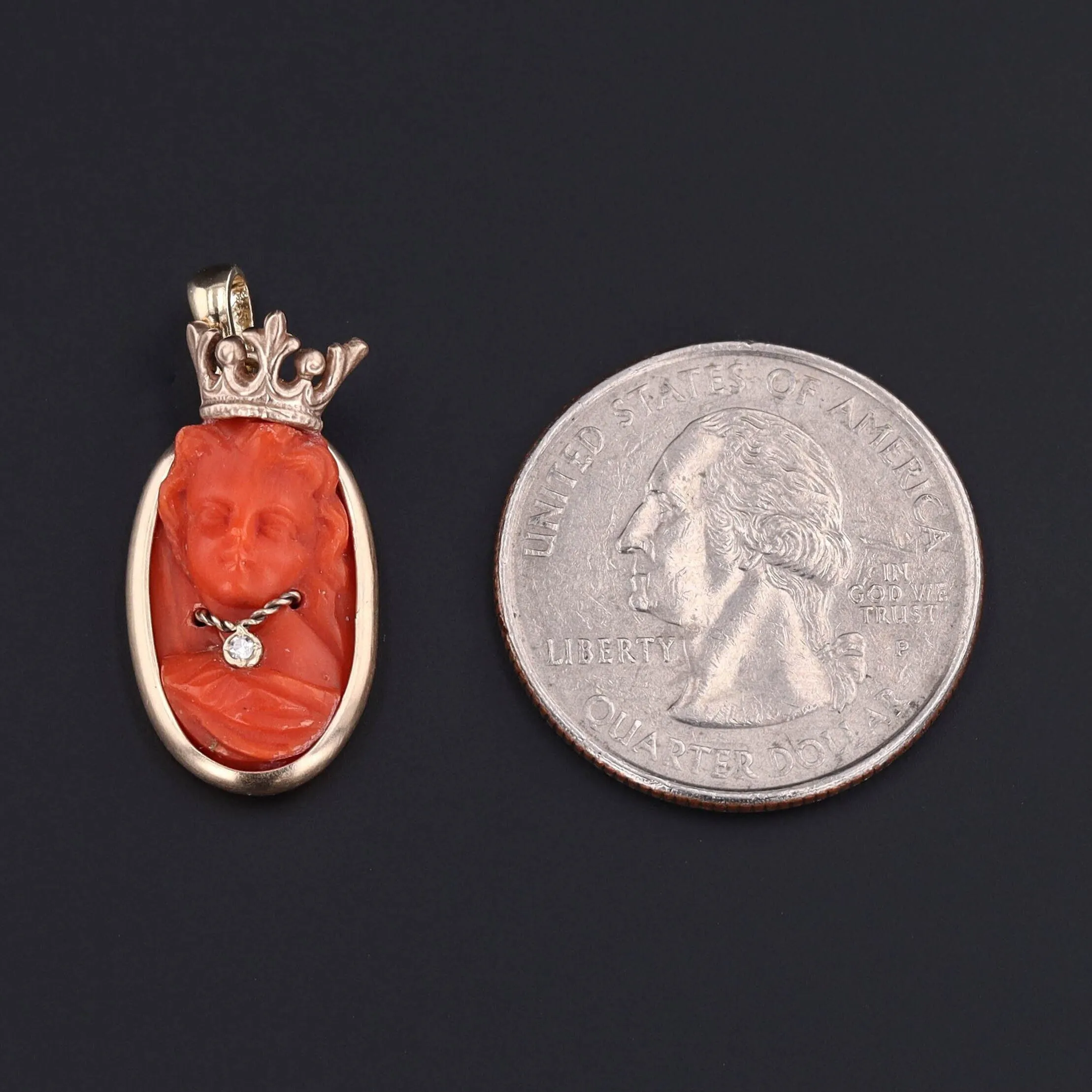 Cameo Charm | 14k Gold Coral & Diamond Queen Pendant