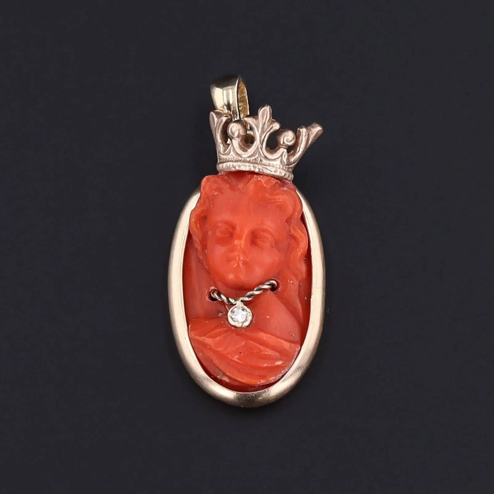 Cameo Charm | 14k Gold Coral & Diamond Queen Pendant