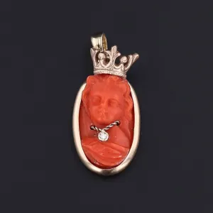 Cameo Charm | 14k Gold Coral & Diamond Queen Pendant