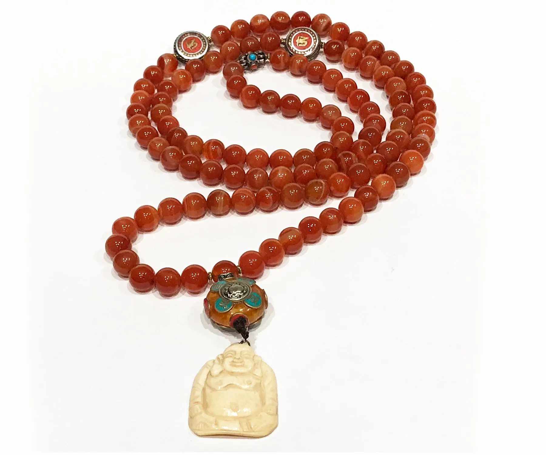 CARNELIAN OM HAPPY BUDDHA MALA