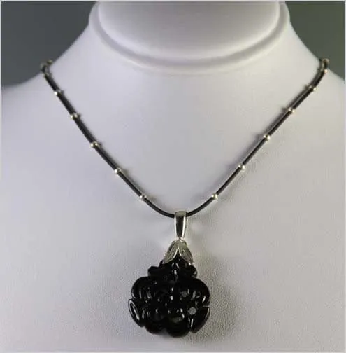 Carved Onyx Focal on Rubber and Sterling Necklace