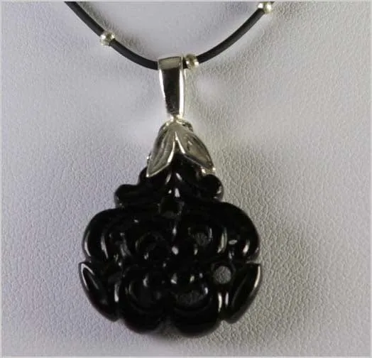 Carved Onyx Focal on Rubber and Sterling Necklace