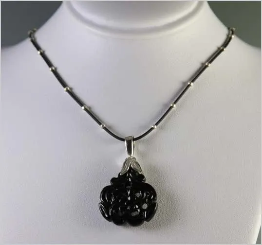 Carved Onyx Focal on Rubber and Sterling Necklace