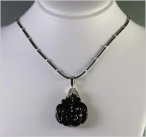 Carved Onyx Focal on Rubber and Sterling Necklace