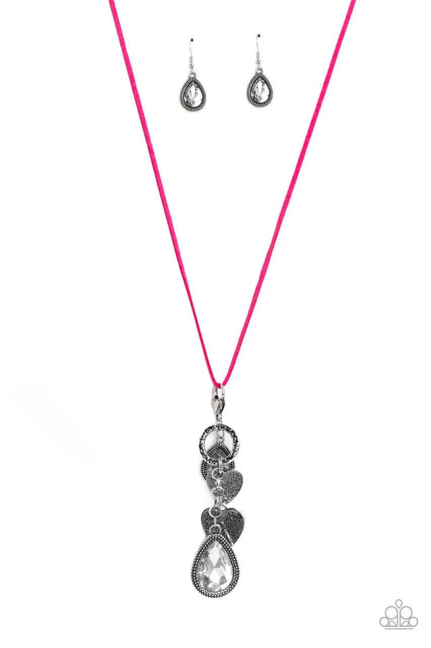 Casanova Clique - Pink - Suede Cord Silver Heart Charm White Teardrop Gem Paparazzi Long Necklace