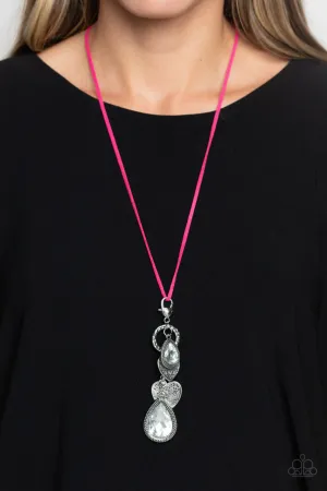 Casanova Clique - Pink - Suede Cord Silver Heart Charm White Teardrop Gem Paparazzi Long Necklace