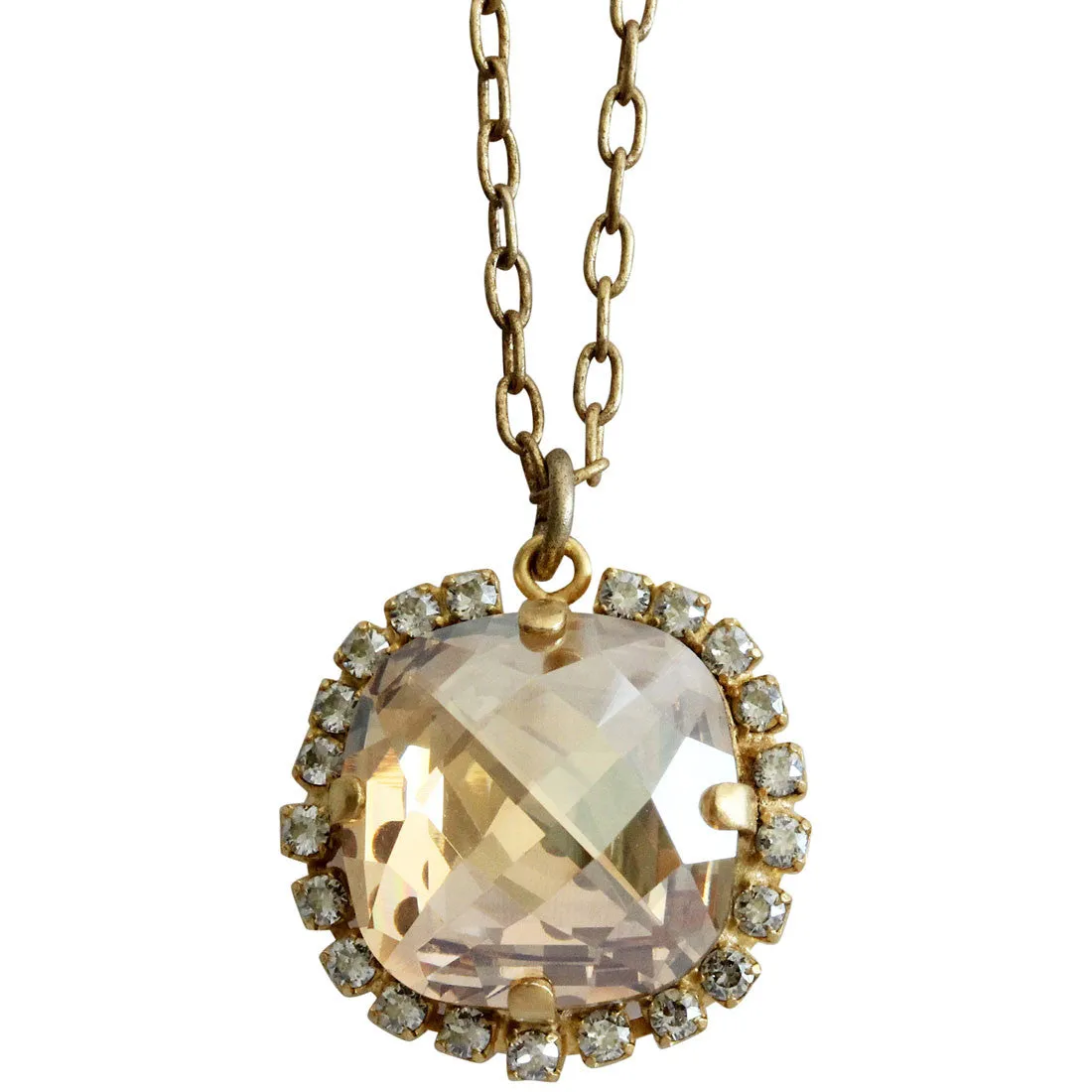 Catherine Popesco 14k Gold Plated Pillow Cut Large Crystal Border Pendant Necklace, 18" 4295GN Champagne