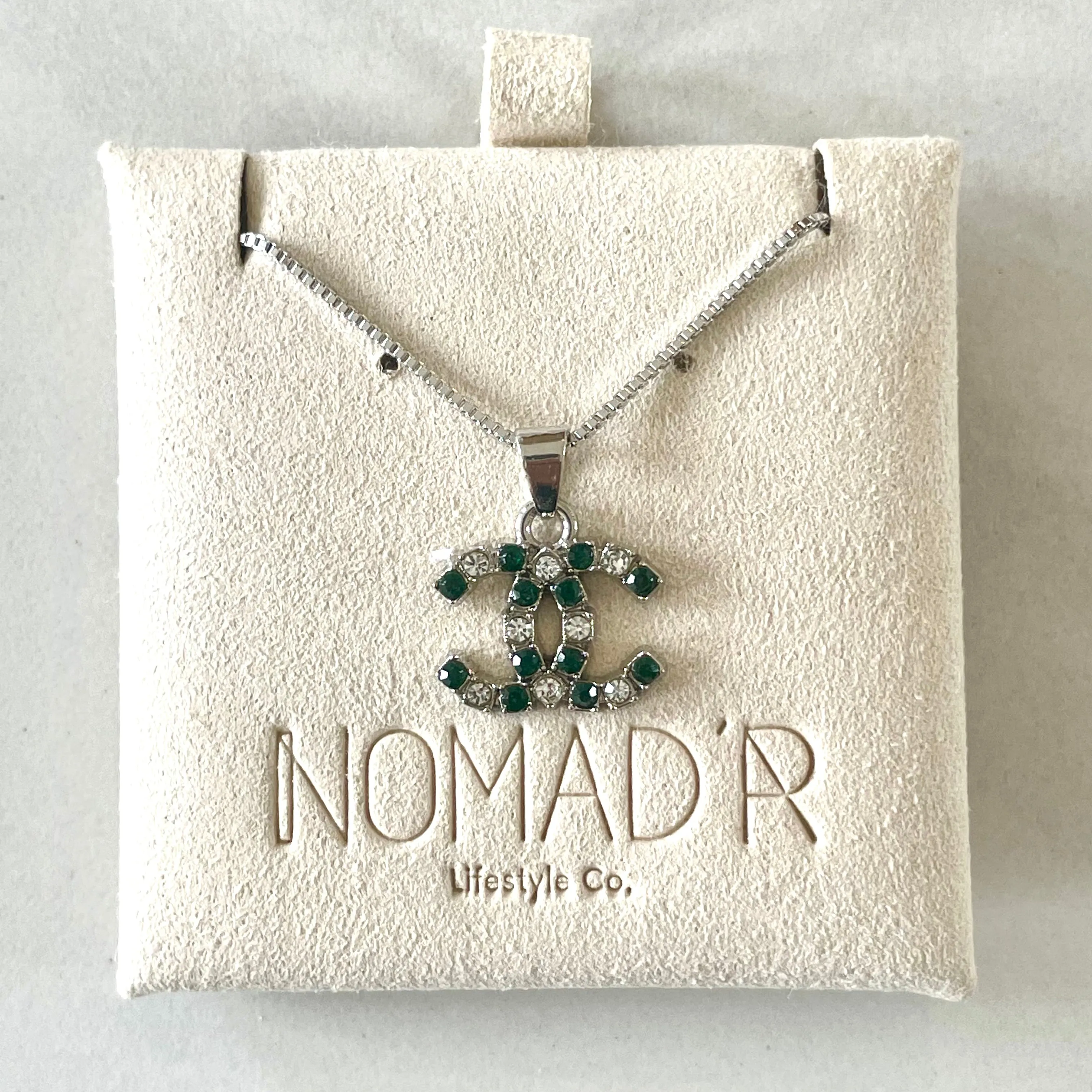 CC Crystal Logo Pendant Necklace- EMERALD GREEN