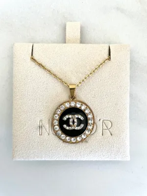 CC Rhinestone Halo Pendant Necklace- BLACK