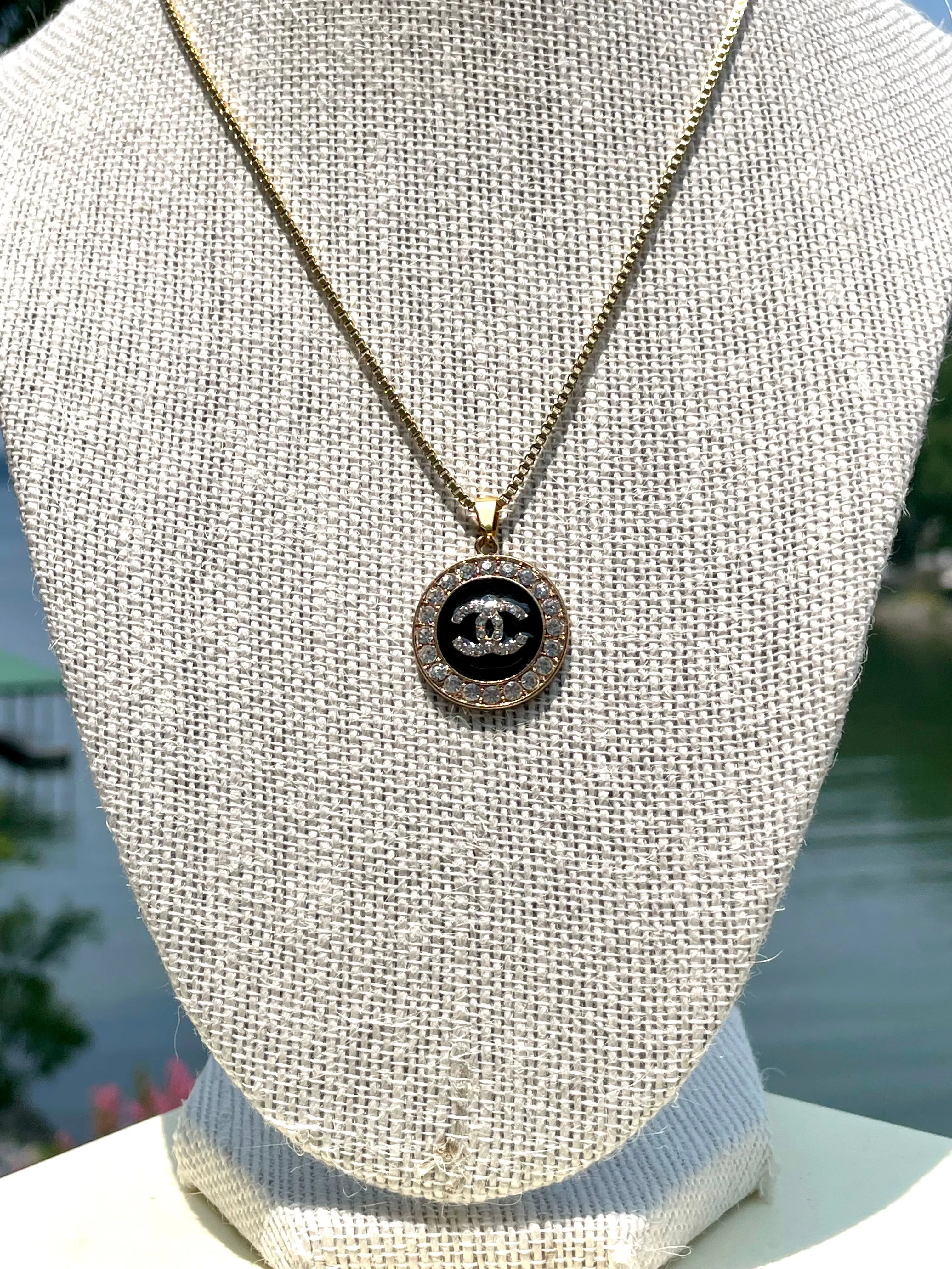 CC Rhinestone Halo Pendant Necklace- BLACK