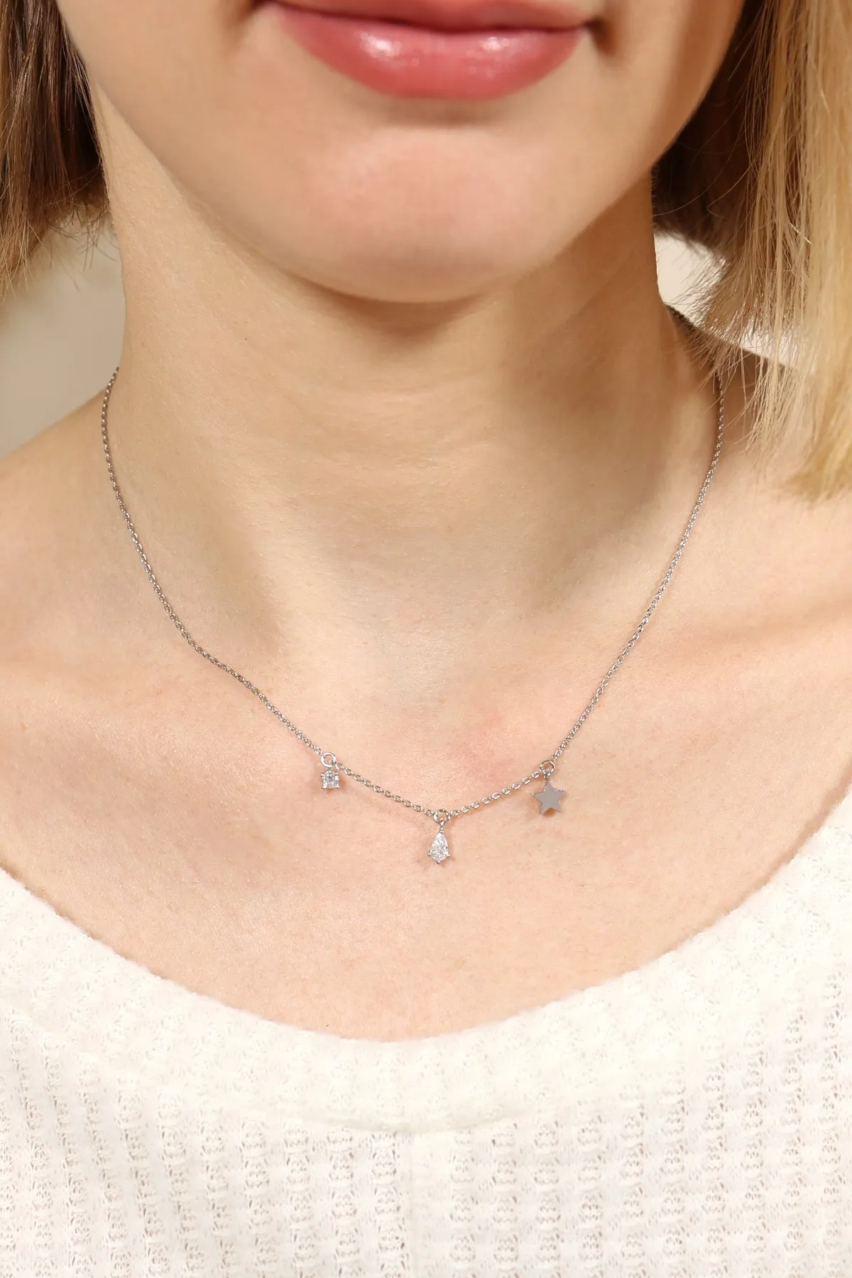 Charm Star Rhinestone Chain Necklace Silver Crystal - Pack of 6