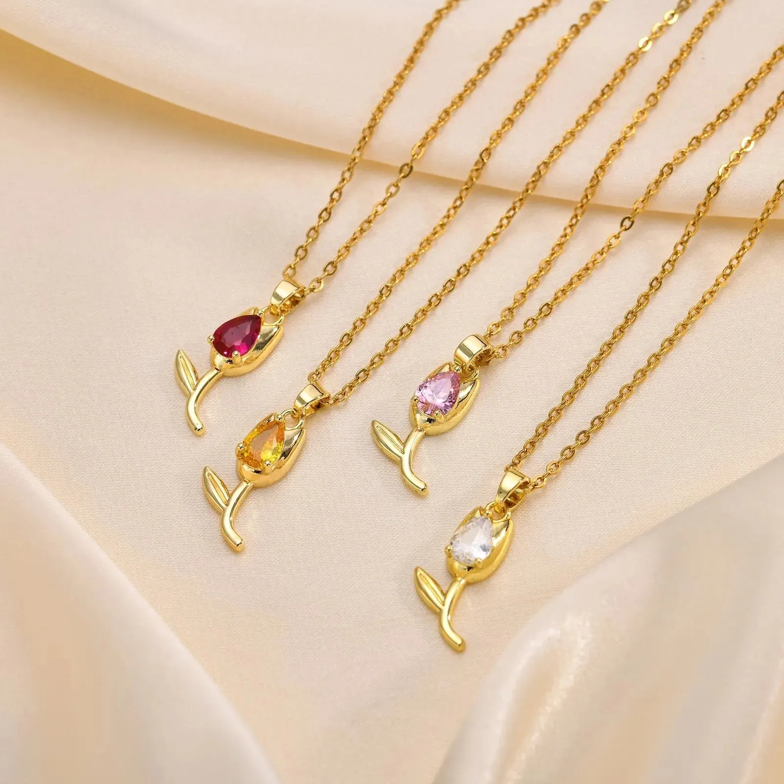 Charms Crystal Tulip Flower Pendant Necklace Minimalist Anniversary Girlfriend Women Female Gifts