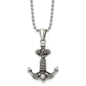 Chisel Stainless Steel Antiqued and Polished Anchor with Rope Pendant on a 24 inch Ball Chain Necklace