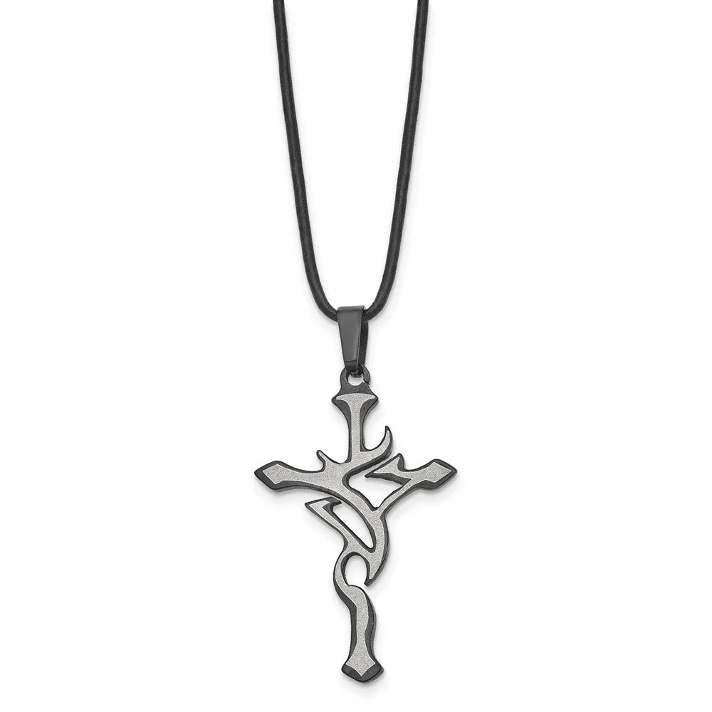 Chisel Stainless Steel Brushed and Polished Black IP-plated Cross Pendant on a 18 inch Leather Cord Necklace