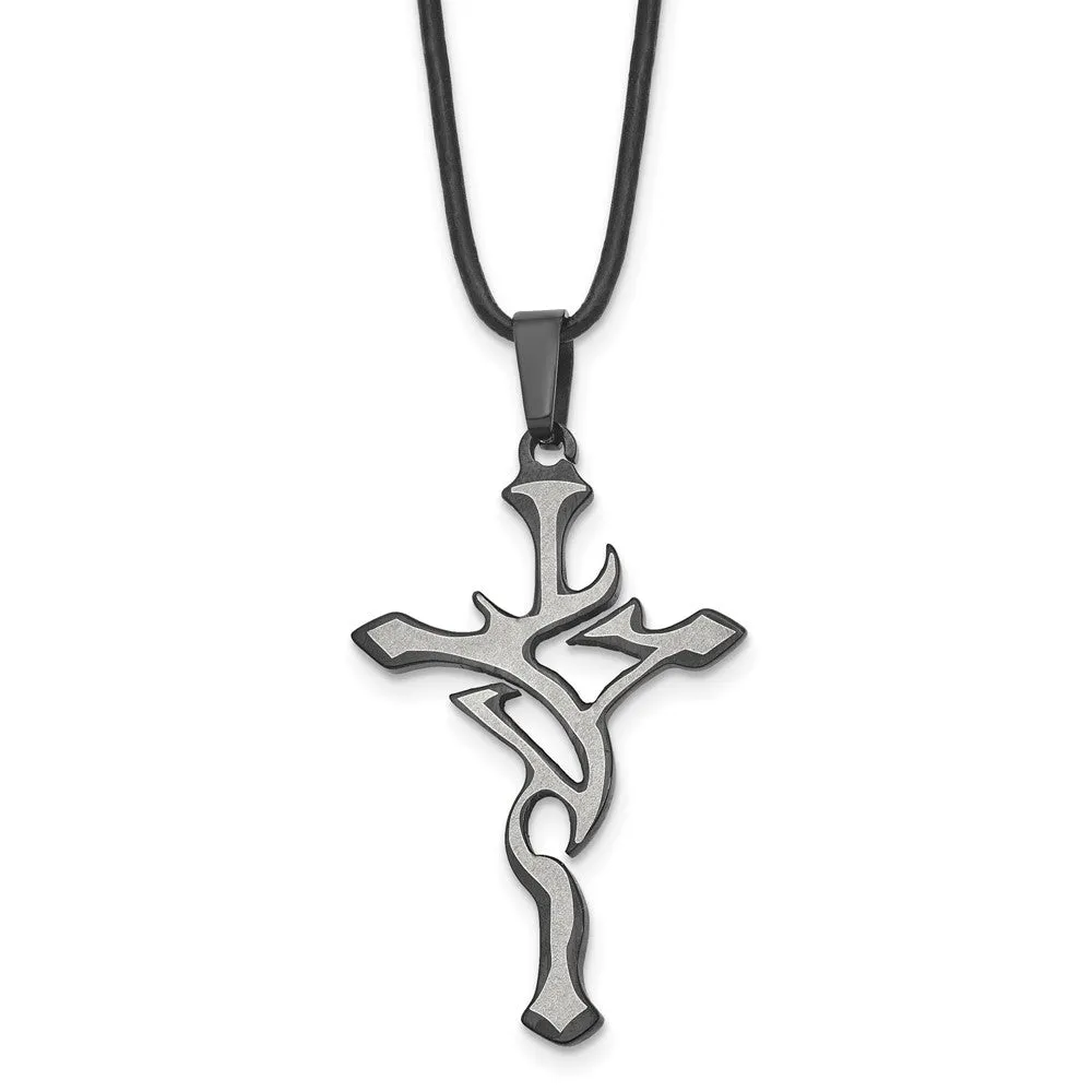 Chisel Stainless Steel Brushed and Polished Black IP-plated Cross Pendant on a 18 inch Leather Cord Necklace