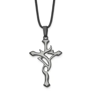 Chisel Stainless Steel Brushed and Polished Black IP-plated Cross Pendant on a 18 inch Leather Cord Necklace
