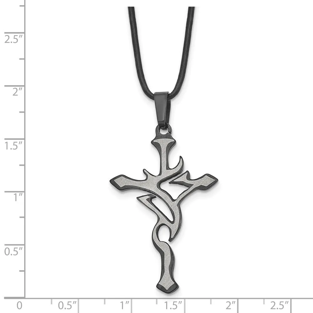 Chisel Stainless Steel Brushed and Polished Black IP-plated Cross Pendant on a 18 inch Leather Cord Necklace