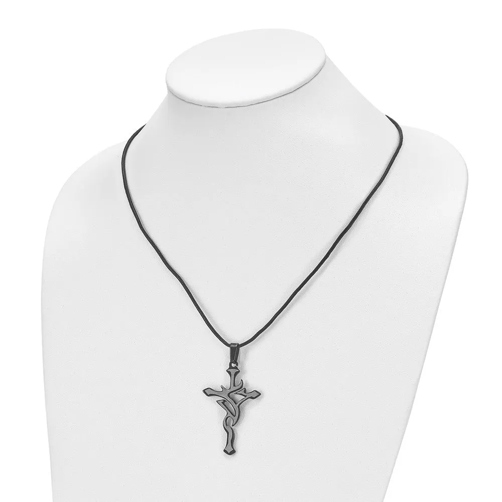 Chisel Stainless Steel Brushed and Polished Black IP-plated Cross Pendant on a 18 inch Leather Cord Necklace