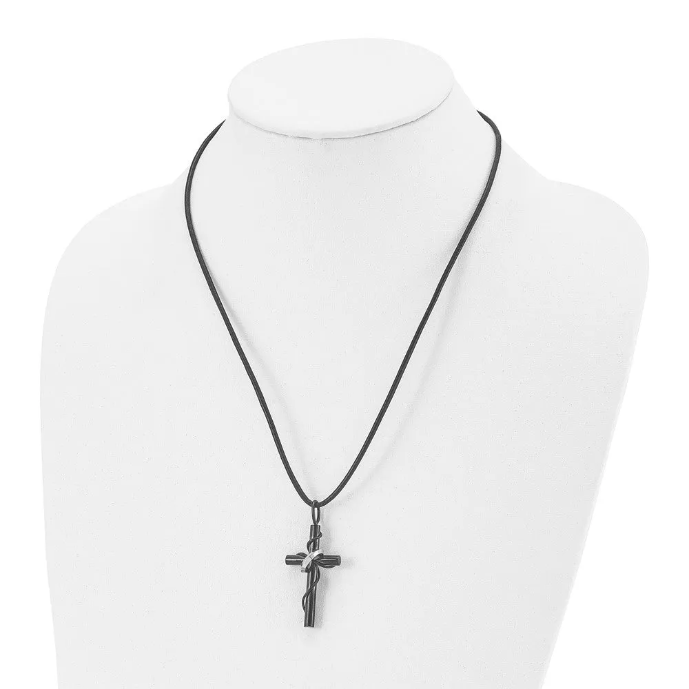 Chisel Stainless Steel Polished Black IP-plated Cross with Ring on a 20 inch Leather Cord Necklace
