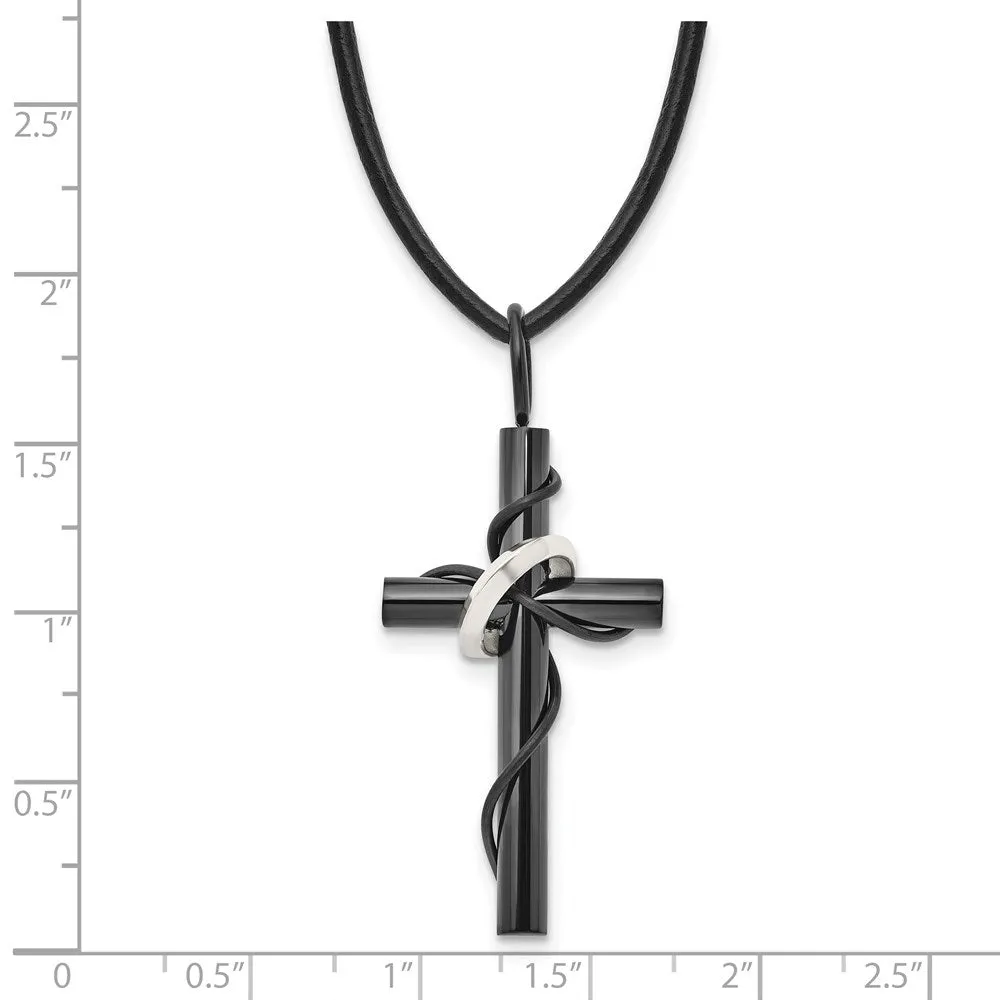 Chisel Stainless Steel Polished Black IP-plated Cross with Ring on a 20 inch Leather Cord Necklace