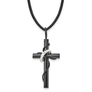Chisel Stainless Steel Polished Black IP-plated Cross with Ring on a 20 inch Leather Cord Necklace